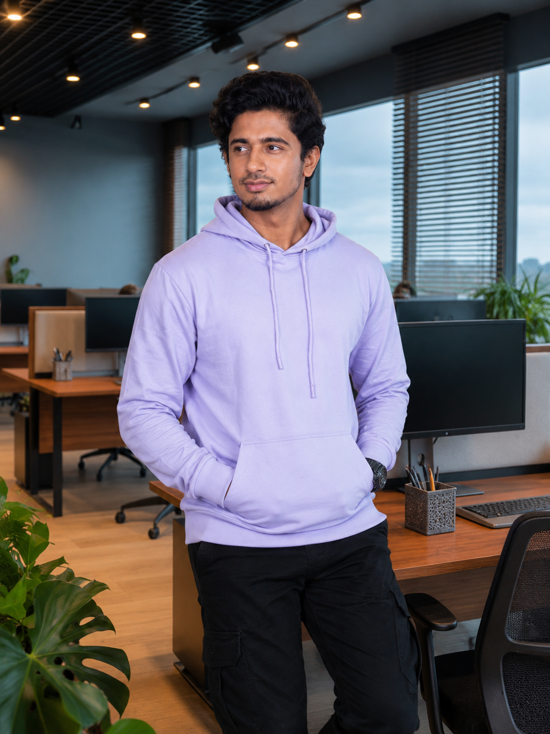 Men Solid Black Hoodie
