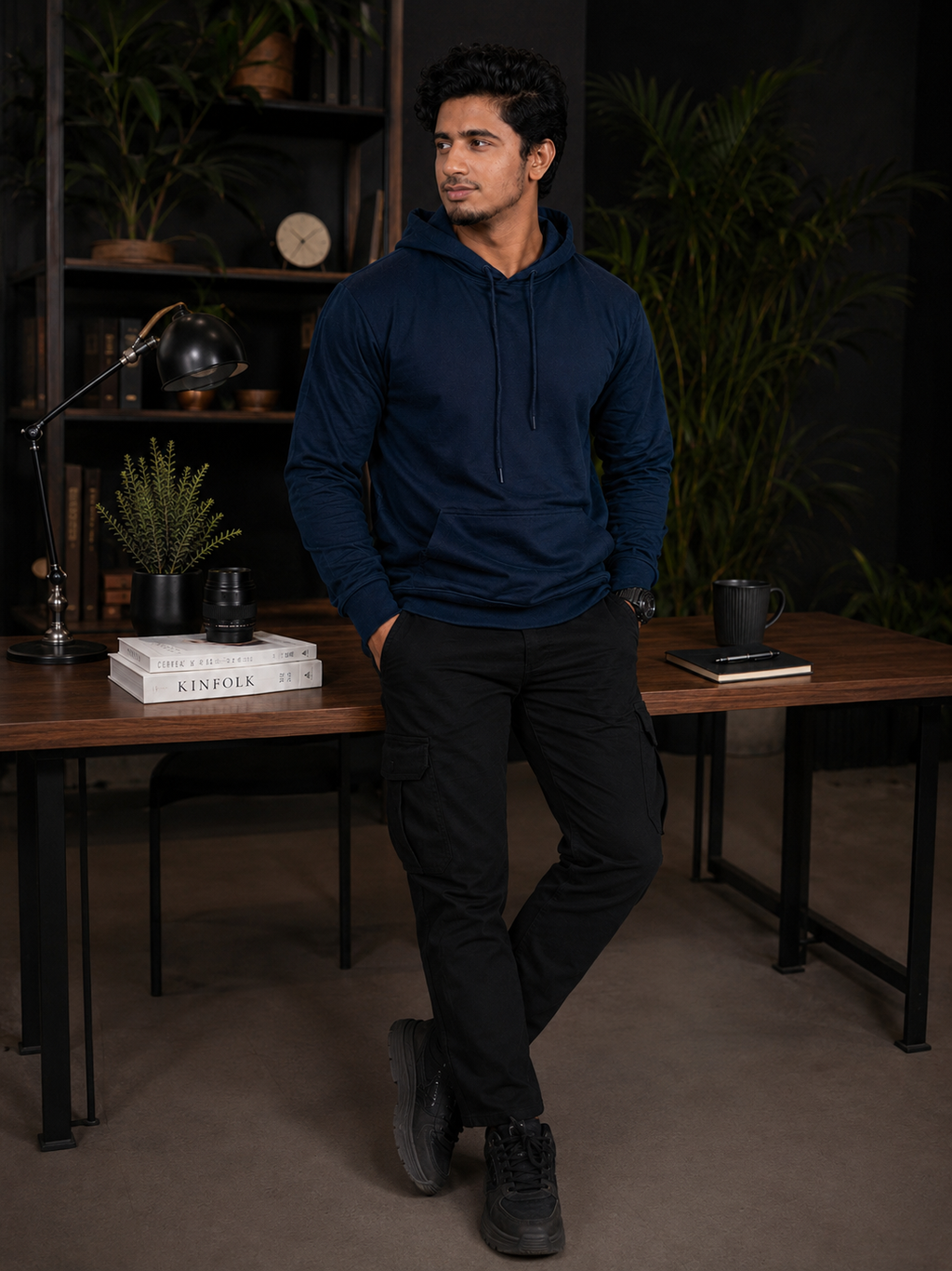Men Solid Black Hoodie