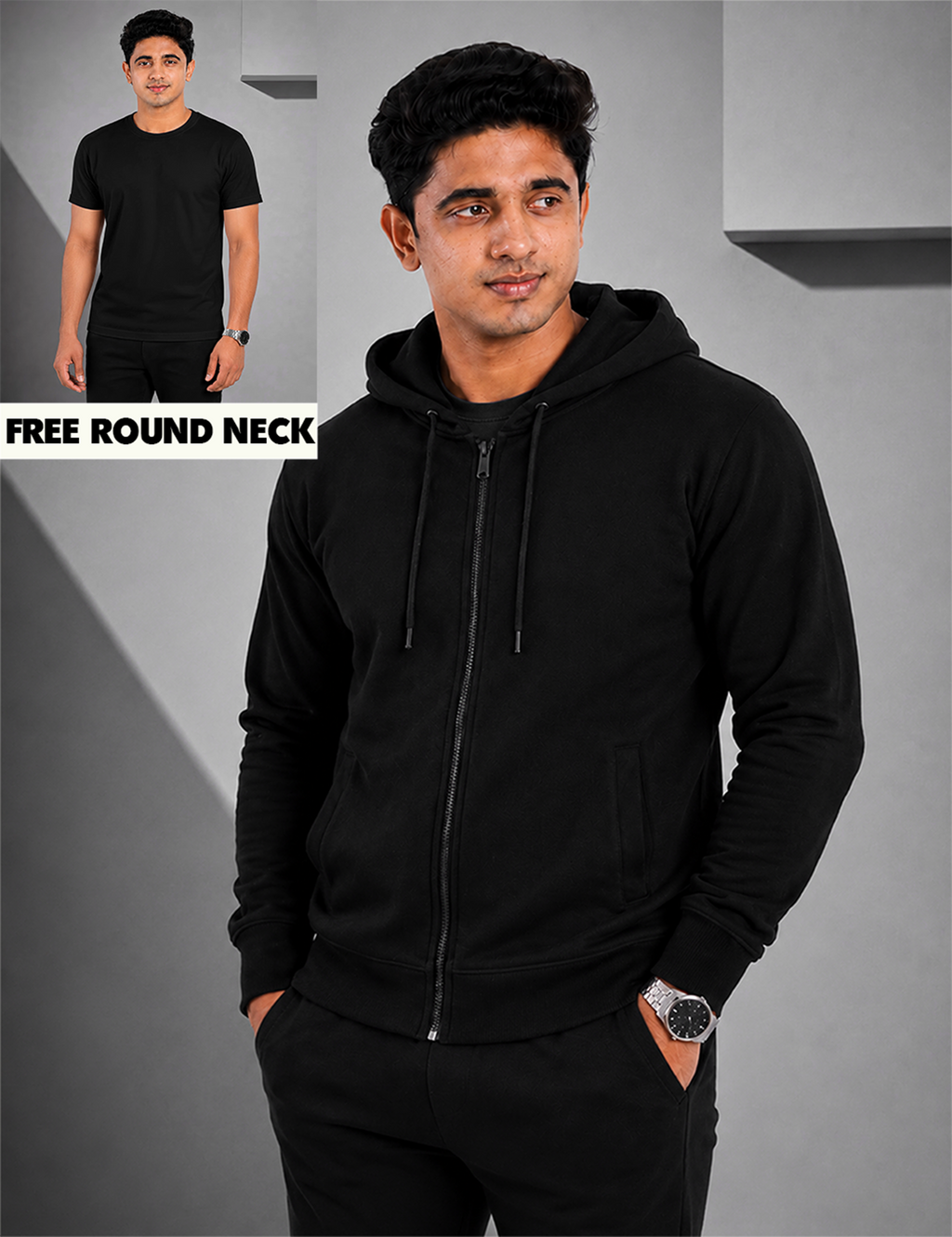 Men's Solid Black Zipper Hoodie