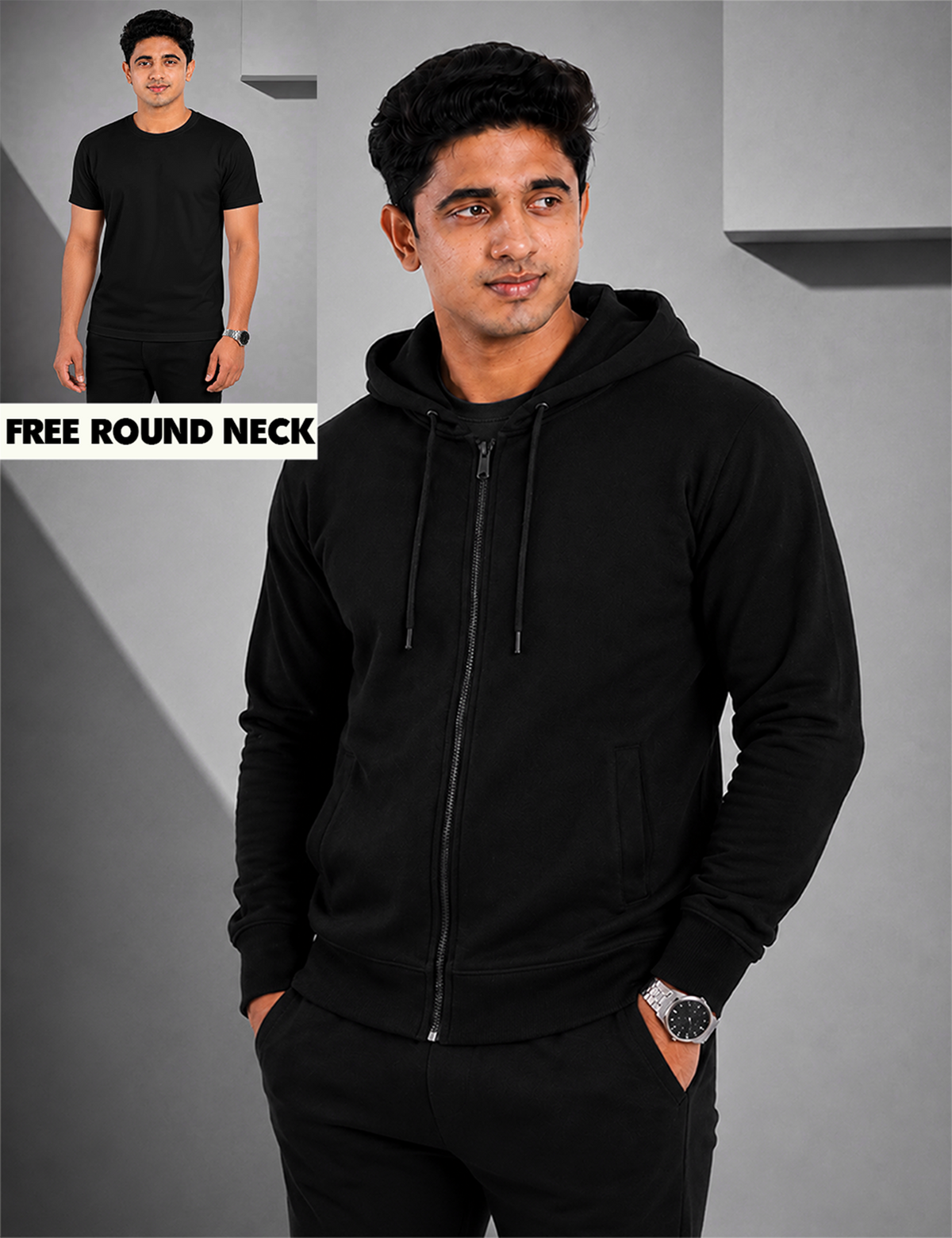 Men's Solid Black Zipper Hoodie